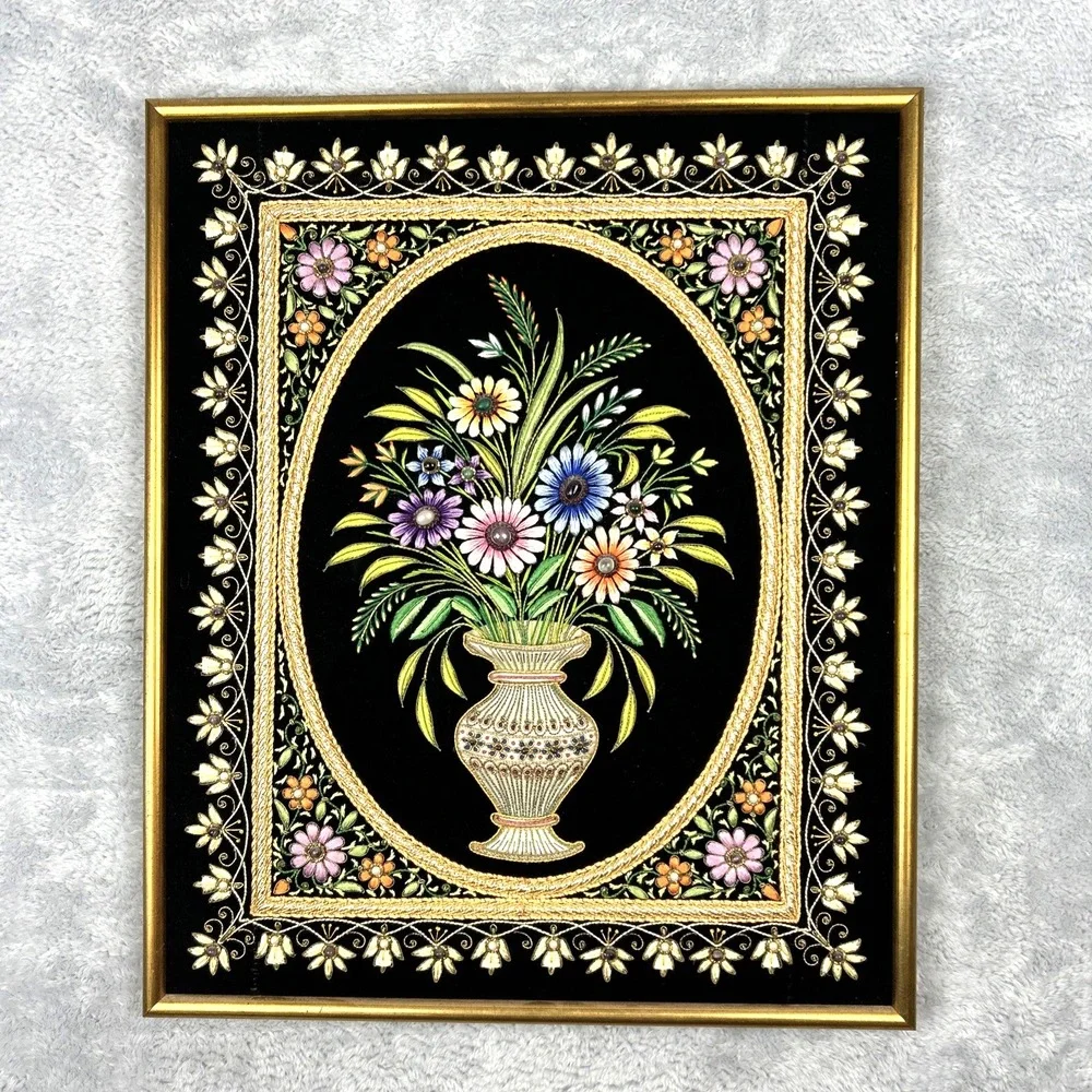 Kashmir Zardozi Jewel Tapestry Handmade Traditional Deco Framed Panel 16x20
